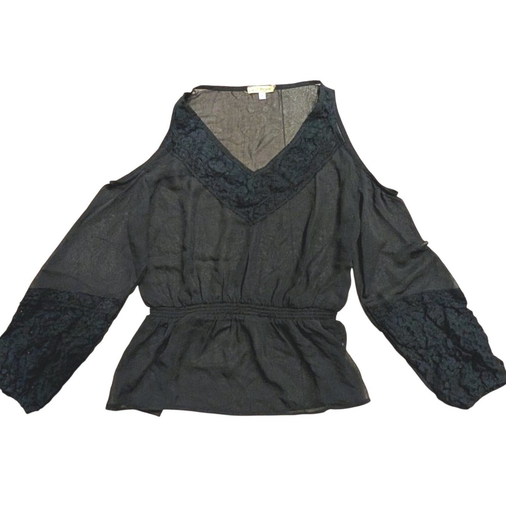 Pronto Top M Medium Black Sheer Cold Shoulder Peplum Shirt Sexy Whimsygoth Goth